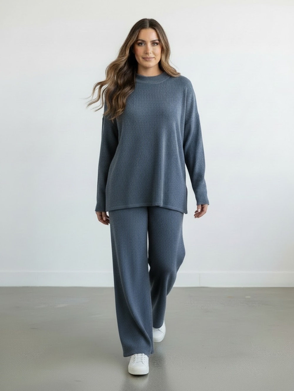1633P • Plus Navy Soft Wavy Ribbed Relaxed Fit Long Sleeve Lounge Set